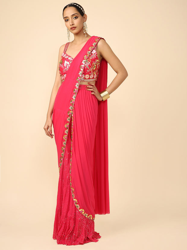 Hot-pink Chiffon embellished Sharara Drape saree