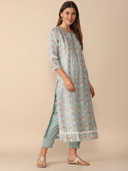 Blue Linen Printed Kurta