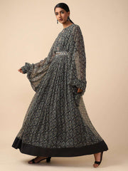 Navy-Blue Printed chiffon Gown