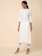 White Embroidered Linen Kurta set