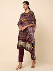 Wine-colored Satin Bandhani Kaftan