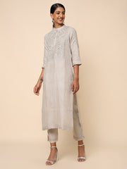 Off-white Embroidered Linen Kurta set DS-008