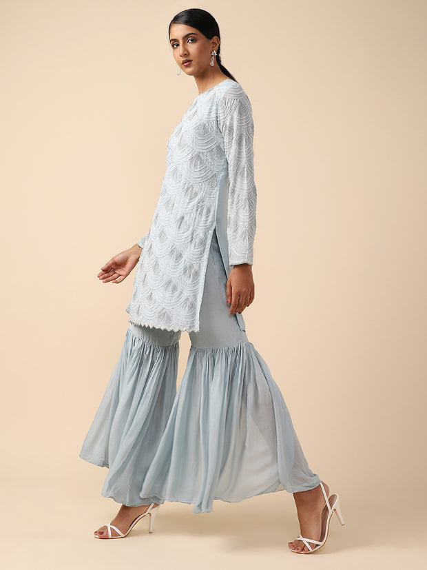 Blue Sequins-embellished Chiffon Sharara Suit set