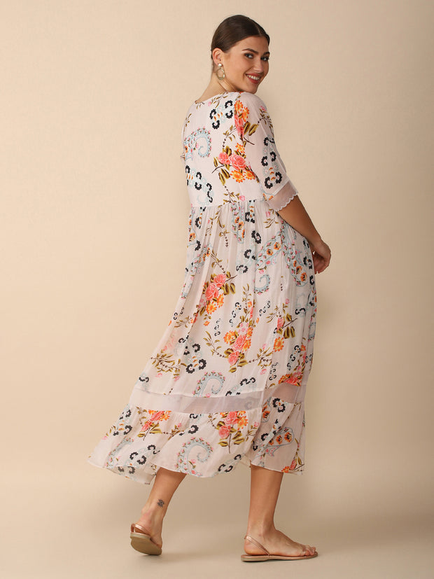 White crepe Paisley and Floral prints Dress