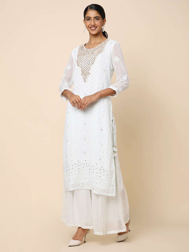 Ice-blue Georgette Chickan Lucknowi