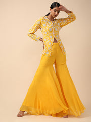 Yellow Chiffon Hand-embroidered Sharara Suit set Ds-202
