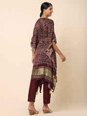 Wine-colored Satin Bandhani Kaftan
