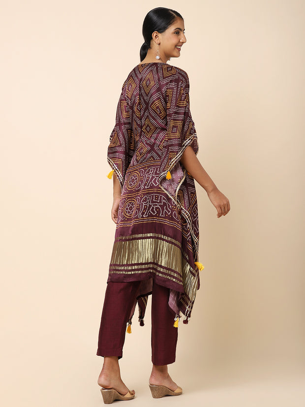 Wine-colored Satin Bandhani Kaftan