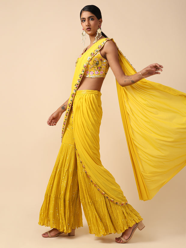 Yellow Chiffon embellished Sharara Drape saree