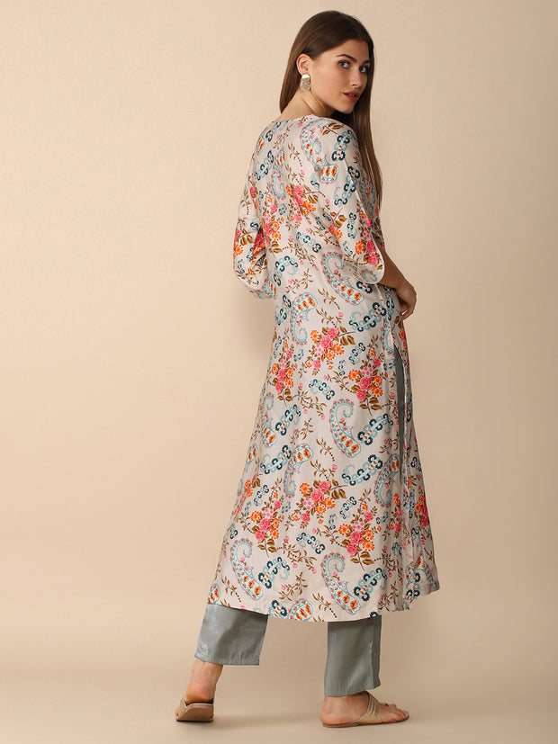 White Silk Paisley and Floral print Kurta DS-8041