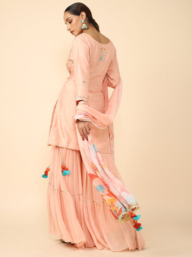 Pink Raw silk Hand-embroidered Sharara Suit set