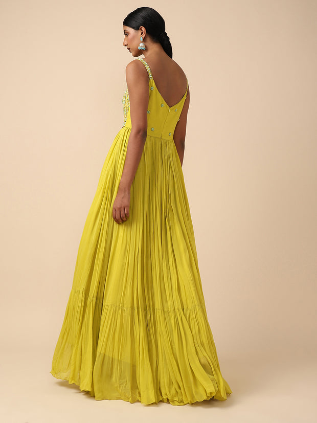 Neon-yellow Chiffon embroidered dress
