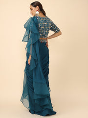 Teal Blue Organza Drape Saree with Embroidered blouse