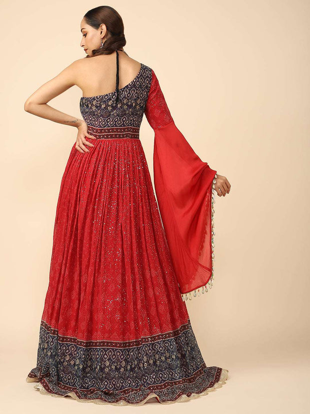Buy Red Imported Shimmer Asymmetric Metallic One Sleeve Pleated Gown For  Women by Pinup By Astha Online at Aza Fashions.