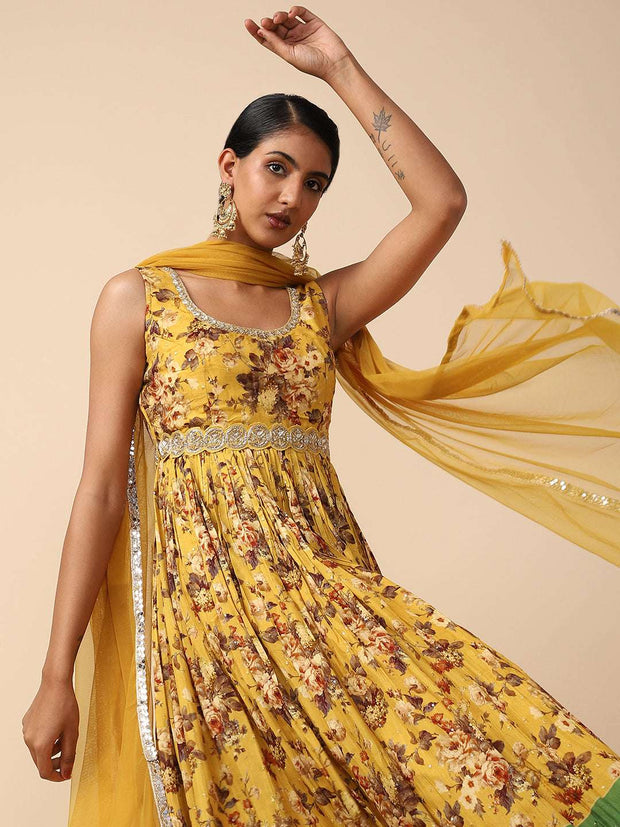 Yellow Printed chiffon Gown