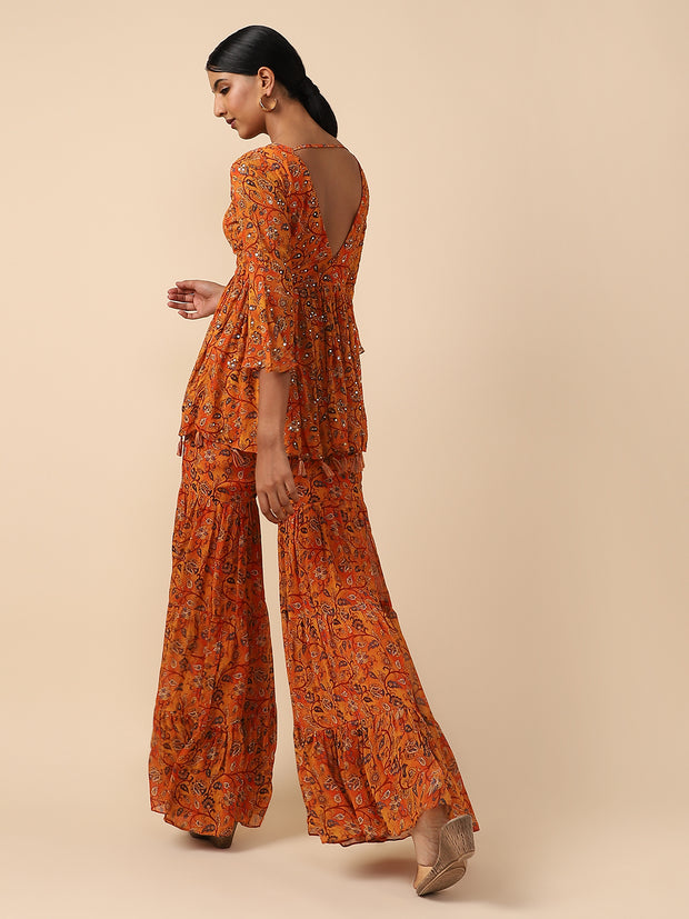 Orange Printed Chiffon Sharara Suit set