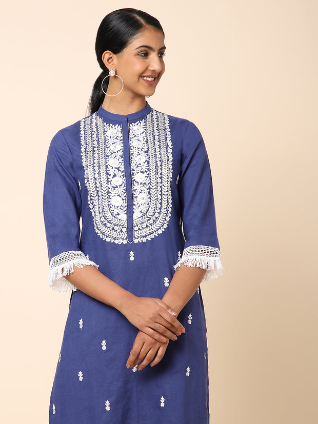 Blue and white embroidered Linen Kurta set DS-19