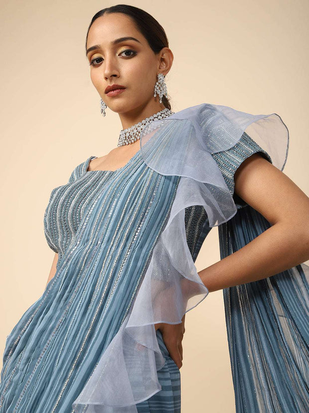Blue Chiffon Embellished Drape Saree