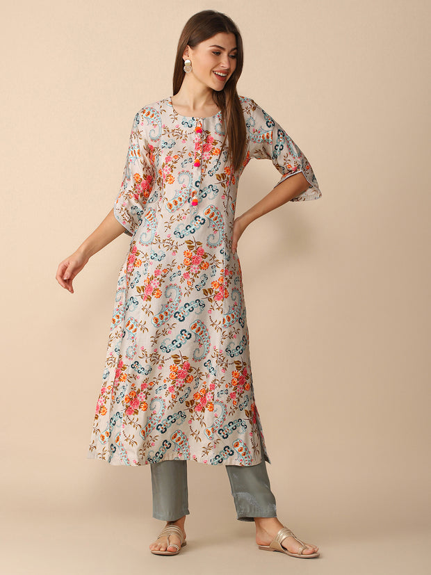 White Silk Paisley and Floral print Kurta DS-8041