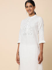 White Embroidered Linen Kurta set