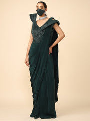 Bottle Green Satin Embellished Drape Saree