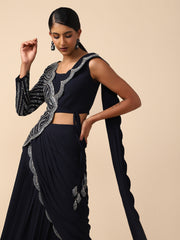 Navy-blue Georgette Drape saree with one sided embroidered Jacket