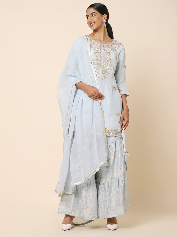 Grey Silk & Georgette Embroidered Sharara