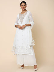 Ice-blue Georgette Chickan Lucknowi