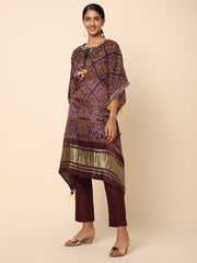 Wine-colored Satin Bandhani Kaftan
