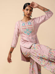 Pink Raw silk top with printed chiffon bottom Sharara Suit set