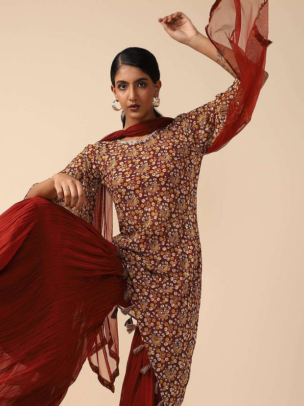 Asymmetric Brown Printed Chiffon Sharara Suit set