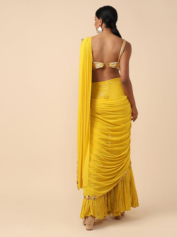Yellow Chiffon embellished Sharara Drape saree