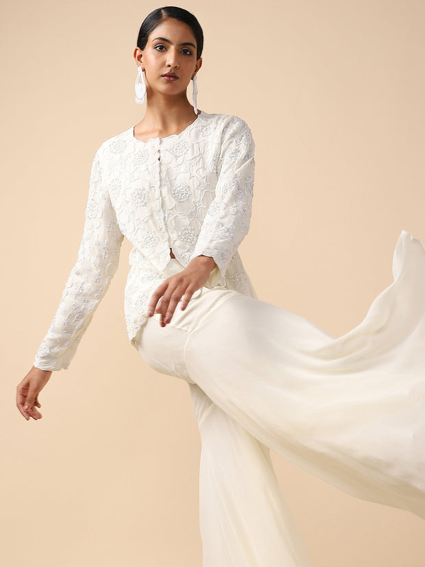 White Chiffon Hand-embroidered Sharara Suit set