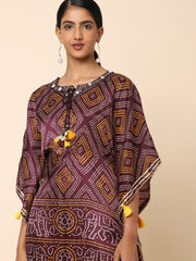 Wine-colored Satin Bandhani Kaftan