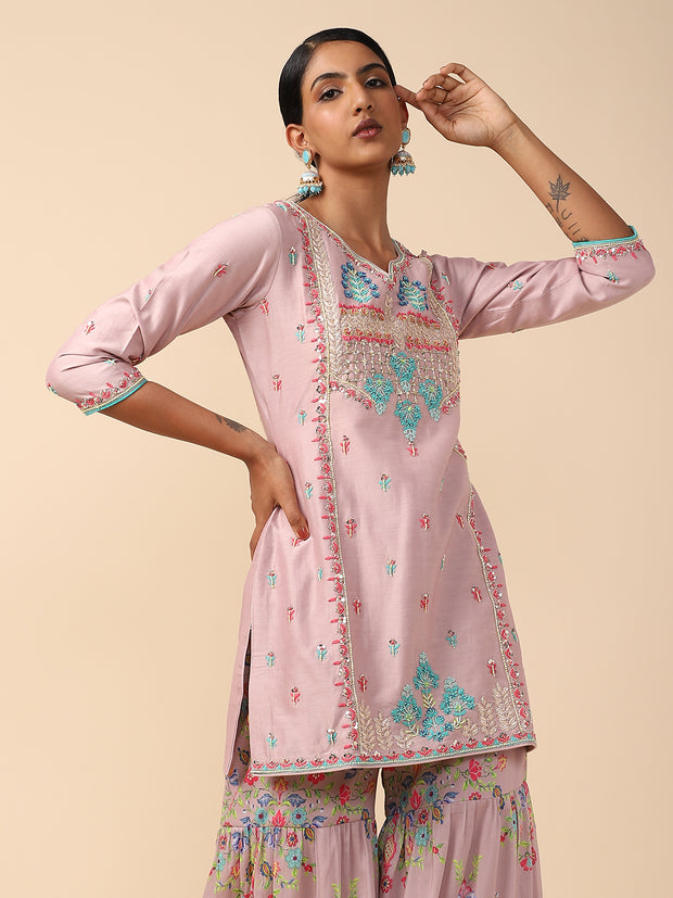 Pink Raw silk top with printed chiffon bottom Sharara Suit set