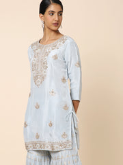 Grey Silk & Georgette Embroidered Sharara