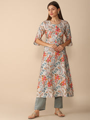 White Silk Paisley and Floral print Kurta DS-8041