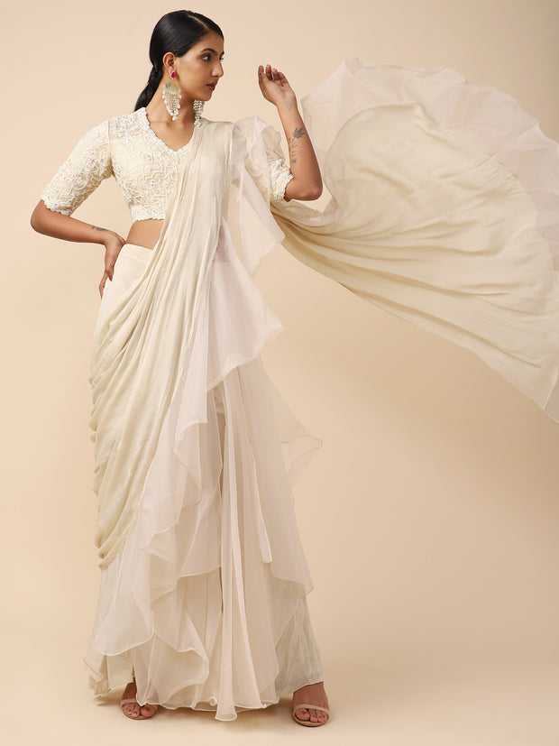 Beige Organza Drape Saree with Embroidered blouse